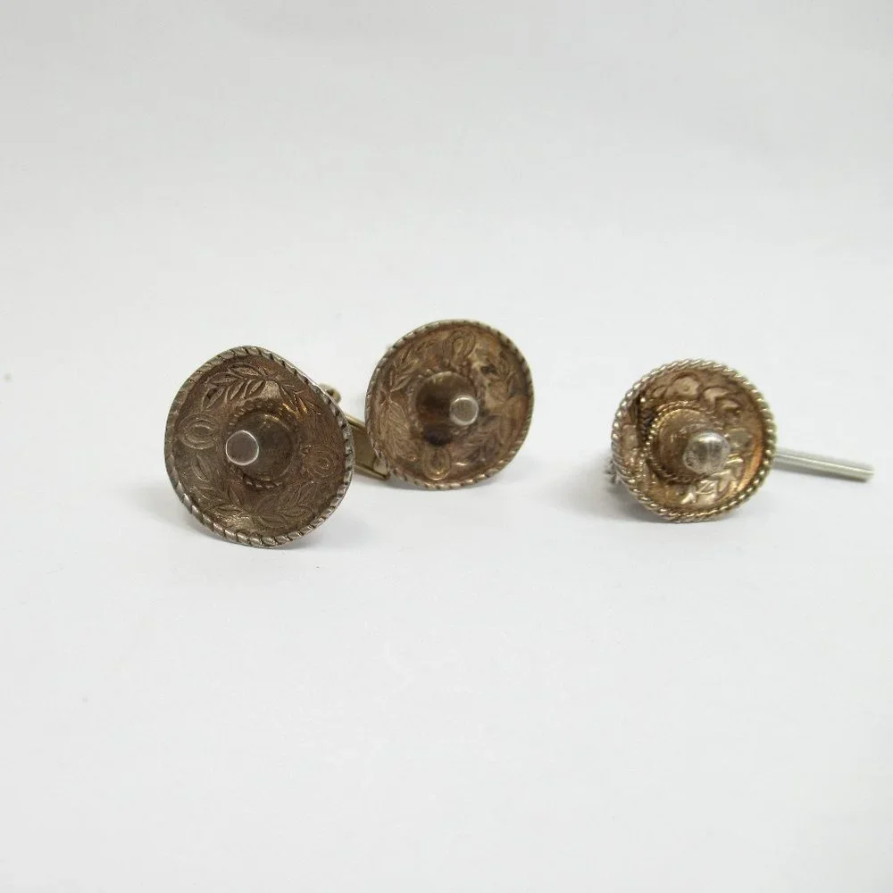 Vintage Sterling Sombrero Cuff Links snd tie tack